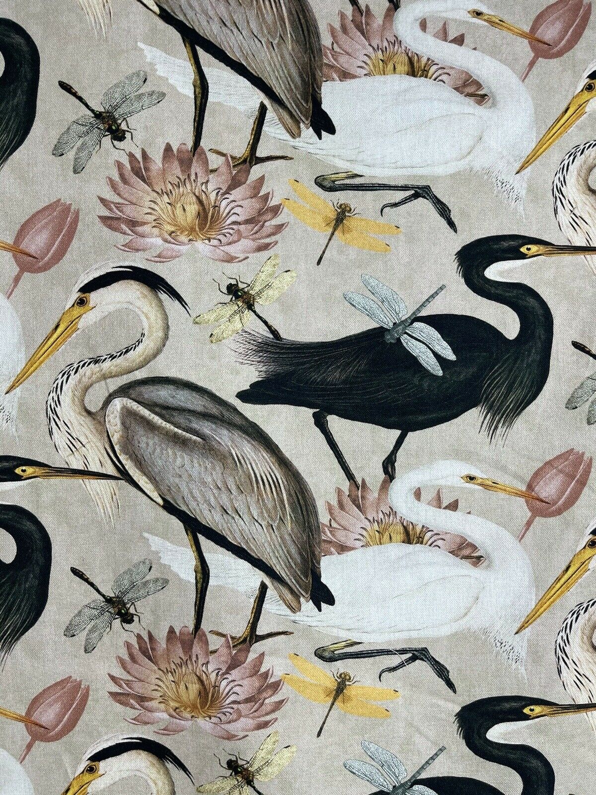 Beige Herons Birds Romantic Lotus Pink Yellow Black Art Cotton Fabric by Meter