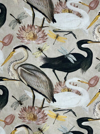 Thumbnail for Beige Herons Birds Romantic Lotus Pink Yellow Black Art Cotton Fabric by Meter