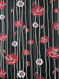 Thumbnail for Poppy Woven Fabric Sold by Meter Upholstery Black Red Buds Streams Leaves Stripe