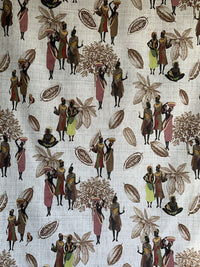 Thumbnail for African People Toile Print Cotton Fabric Panel of 100cm Baobab Fruit Tree Leaves Brown Textile