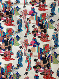 Thumbnail for Geisha Printed Cotton Fabric by Meter Japanese Lady Kimono Motif Sewing Material Blue Pink Red Floral Textile