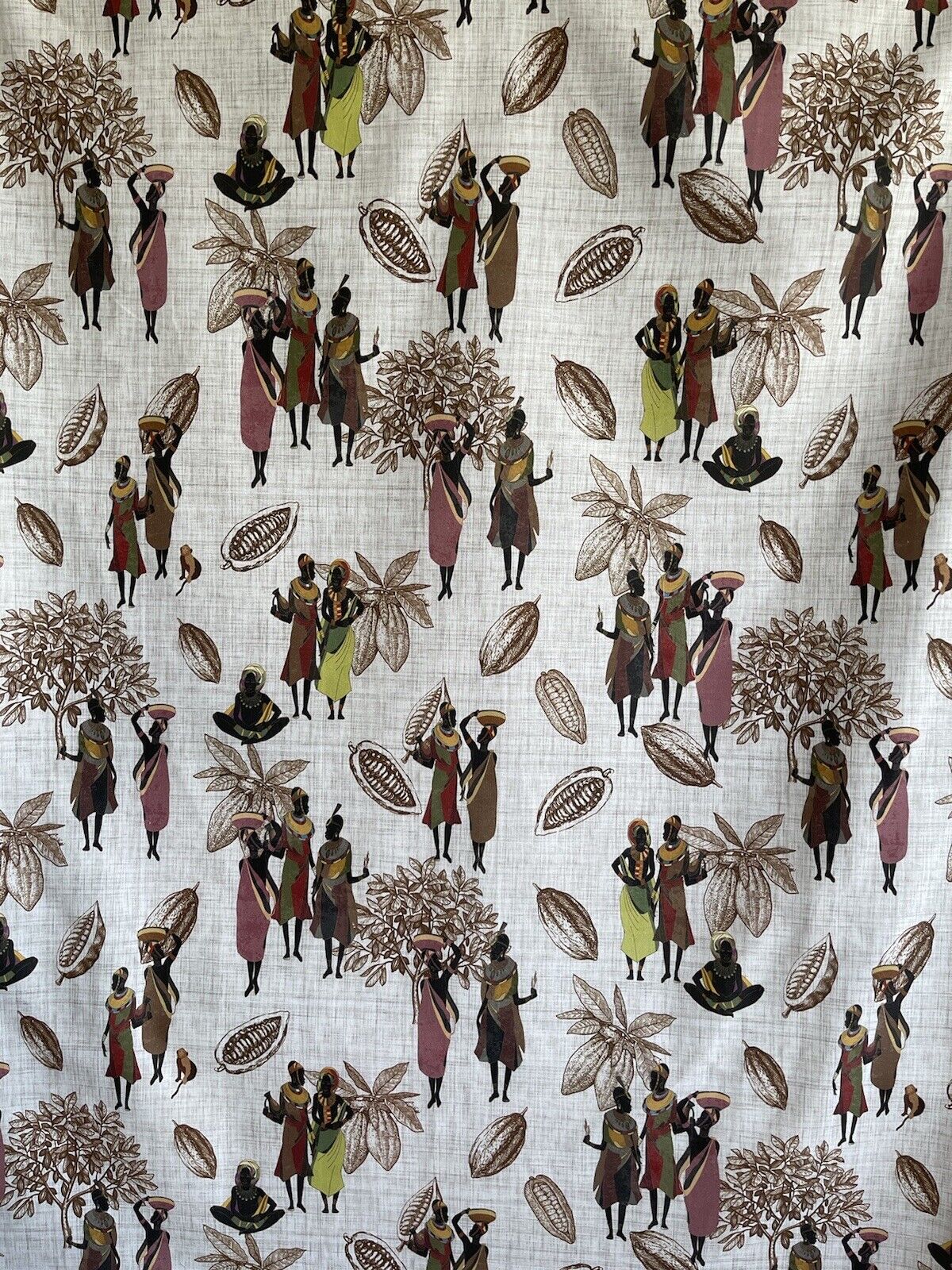African People Toile Print Cotton Fabric Panel of 100cm Baobab Fruit Tree Leaves Brown Textile