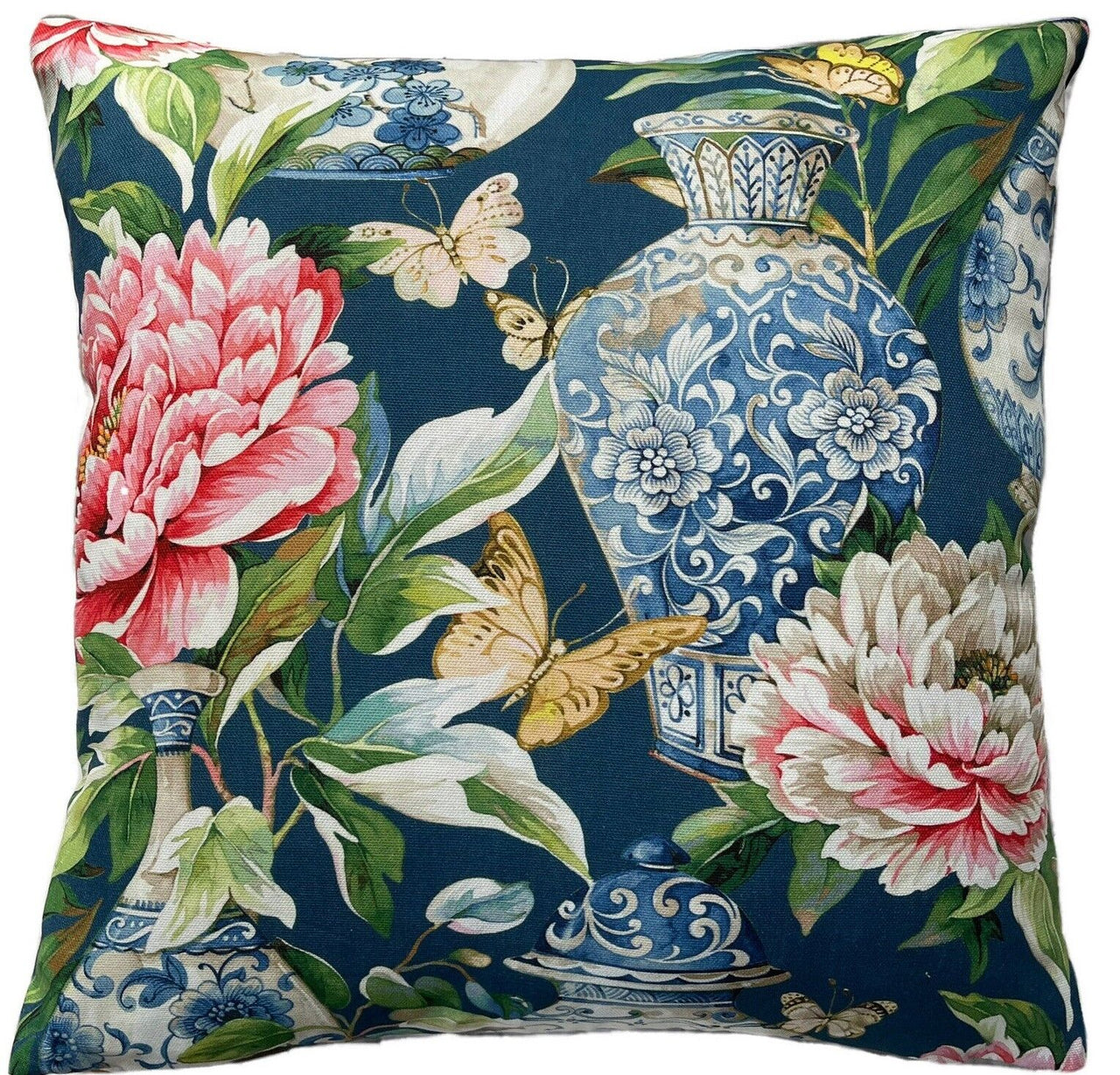 Jardin Floral Throw Pillow Cover Blue Botanical Cotton Cushion Cover Asian Vases Print Sofa Décor