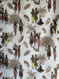 Thumbnail for African People Toile Print Cotton Fabric Panel of 100cm Baobab Fruit Tree Leaves Brown Textile