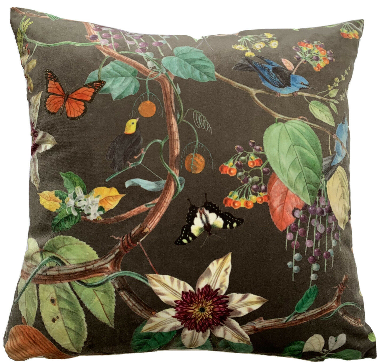 Exotic Birds Toffee Italian Velvet Cushion Cover Floral Pillow Case Botanical Sofa Décor
