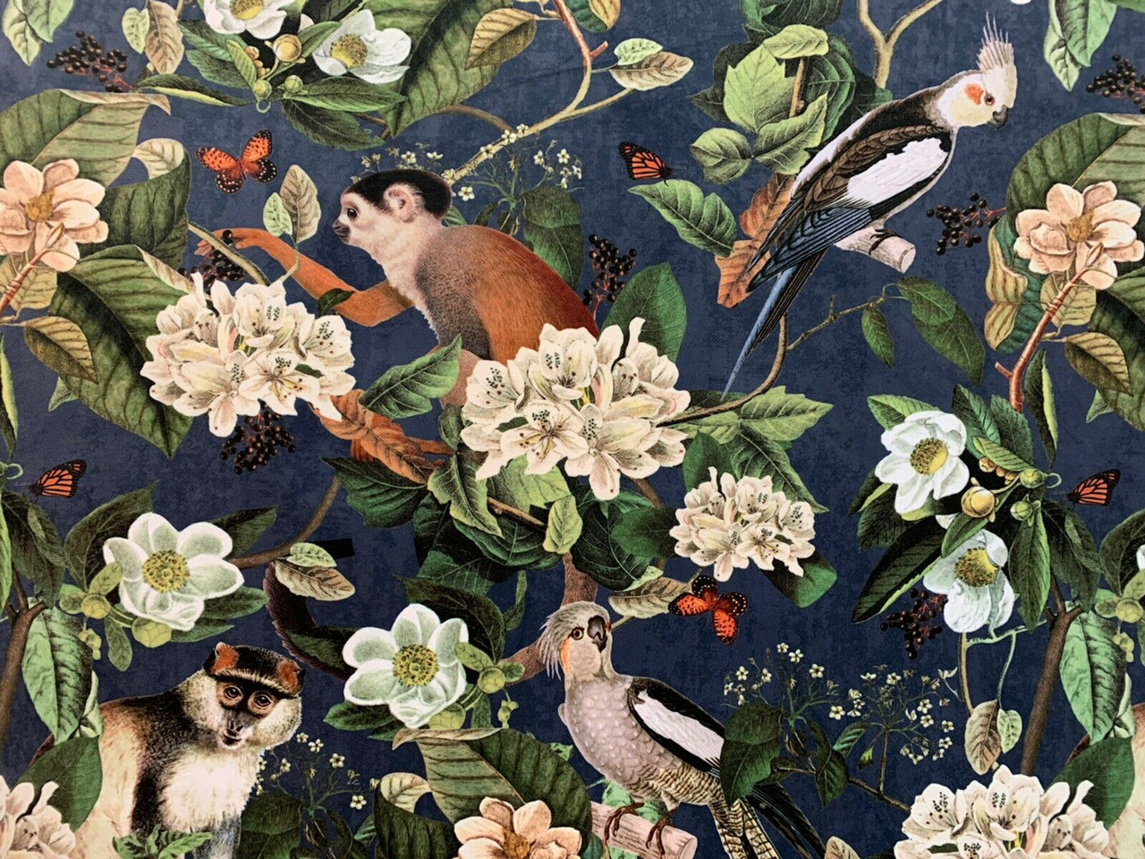 Tropical Botanical Italian Velvet Fabric Monkeys Birds – Home Zone Studio