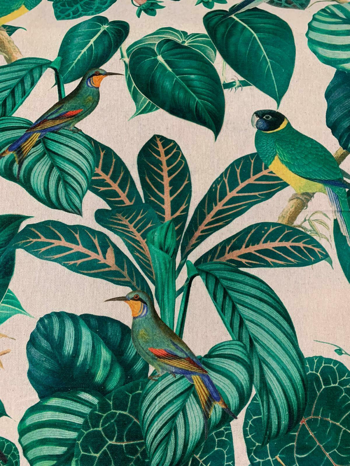 Calathea Plant Birds Cotton Printed Jungle Green Parrots