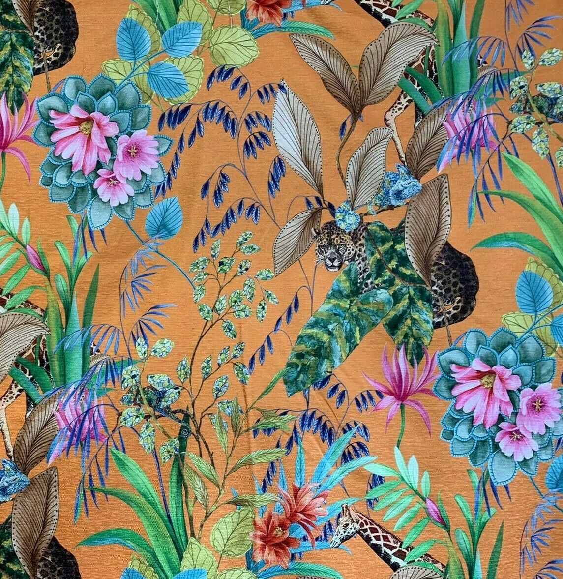 Orange Tonga Jungle Leopard Giraffe Botanic Flower Plants Animal Fabric by Meter