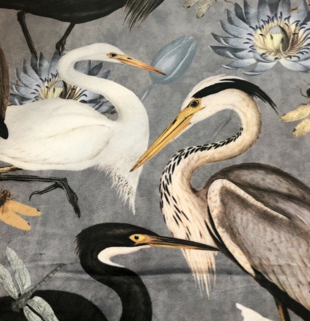 Grey Velvet fabric by The Meter Herons Birds Sewing Material Dragonflies Butterflies Lotus Waterlily Botanical Floral Pattern For upholstery pillows cushions crafts
