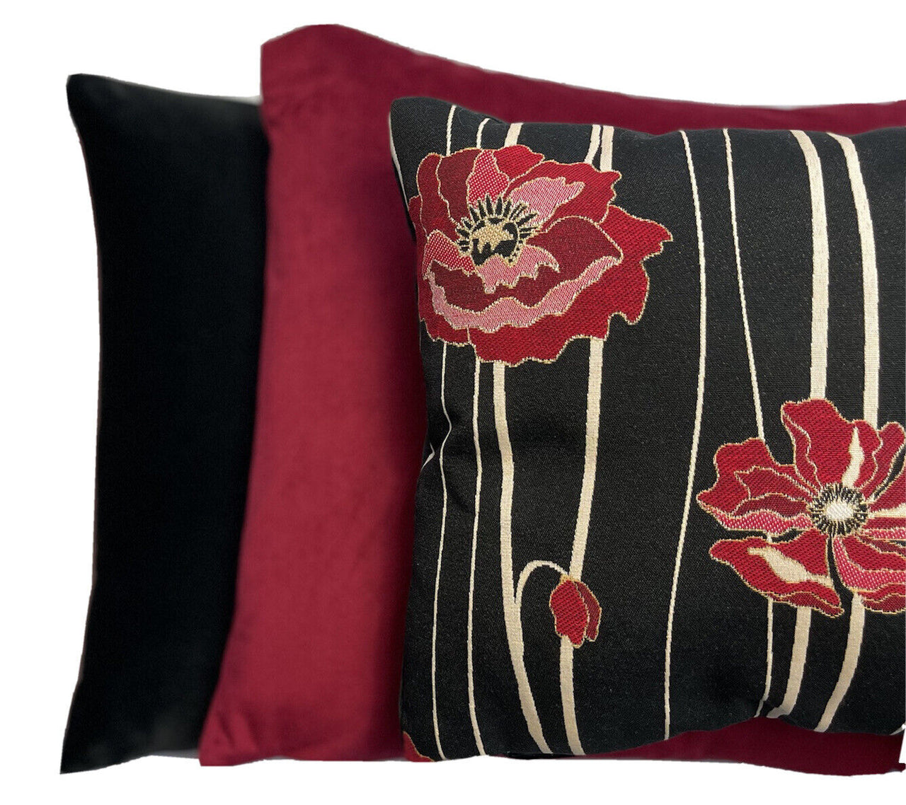 Red Poppy Stripes Cushion Cover Black Woven Throw Pillow Botanica Pinkl Garden