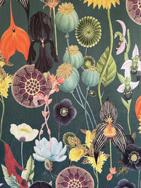 Thumbnail for Dark Green Botanical Velvet Poppy Sunflower Fabric - Sold By Meter