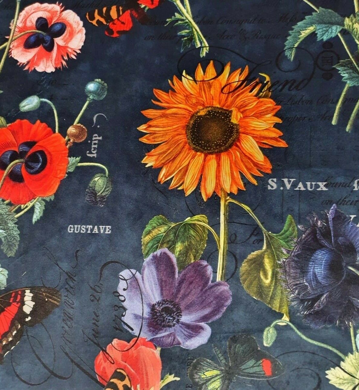 Red Poppy Yellow Sunflower Exotic Botanical Blue Italian Velvet Fabric by Meter