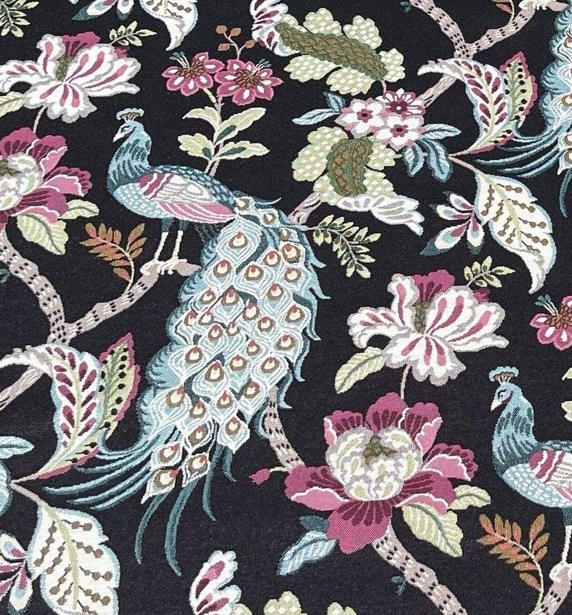 Tropical Peacock Black Woven Fabric by the Meter Exotic Elegance