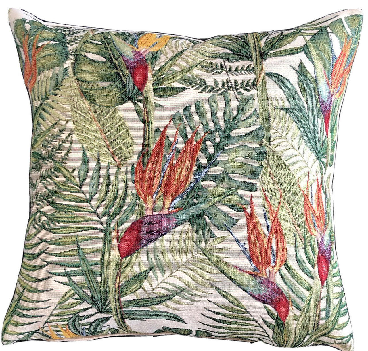 Birds Of Paradise Beige Woven Cushion Cover Tropical Orange Flower Green Plants