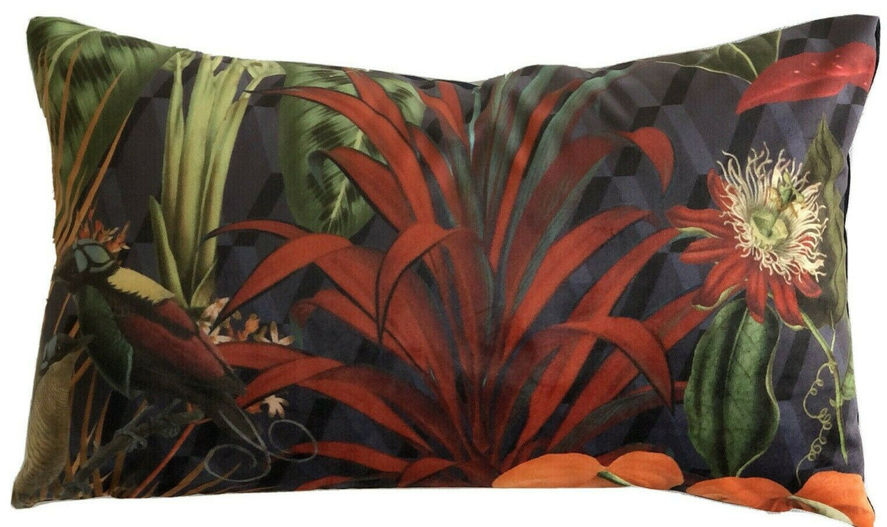 Deep Jungle Velvet Cushion Cover Birds Throw Pillow Case Plants Leaves Botanical Sofa Decor Green Orange Floral Pattern