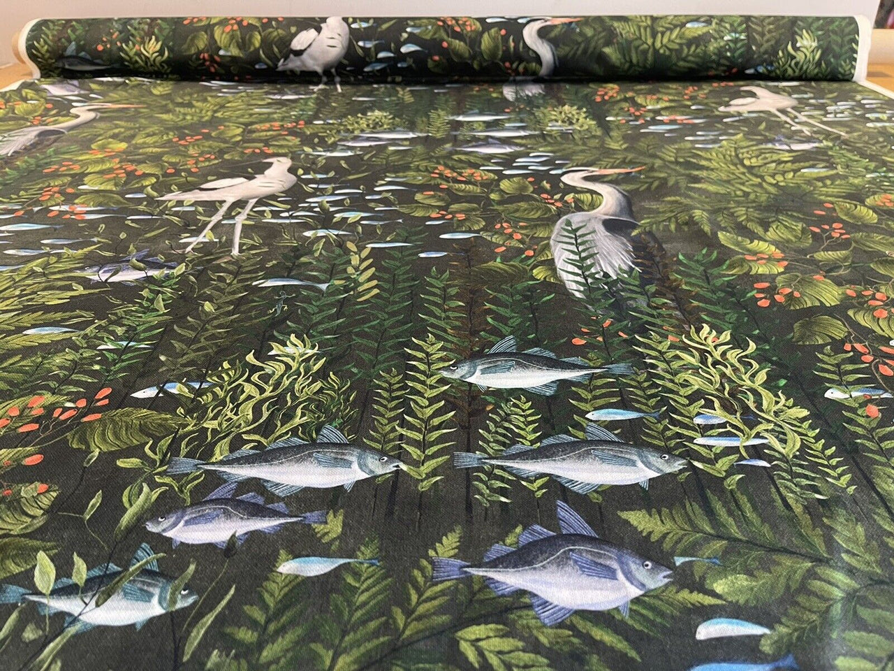 Fish Herons Birds Cotton Fabric by Meter Dark Sewing Material Green Textile Animals Pattern Textile