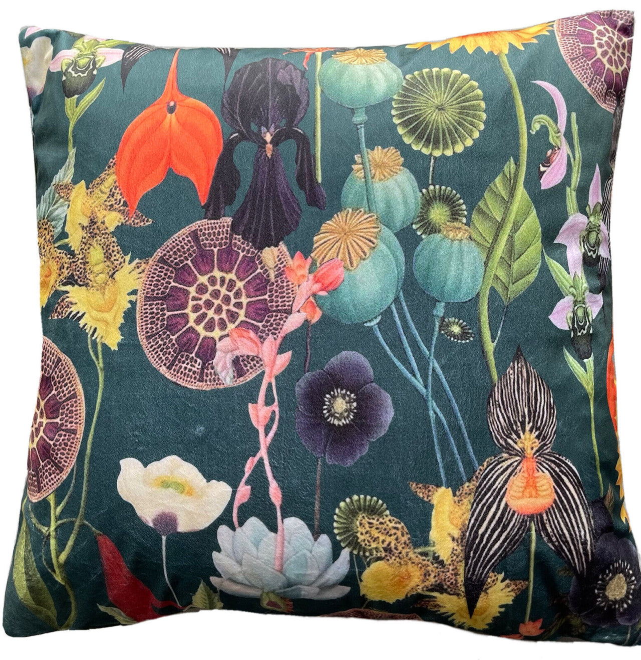 Poppy Sunflower Green Velvet Cushion Cover Art Deco Botanical Pattern