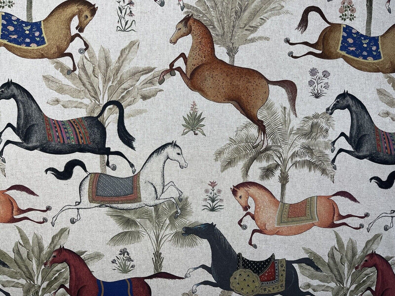 Arabian Horses Printed Grey Cotton Linen Fabric By Meters Palm Tree Animals Textile Stallion Black