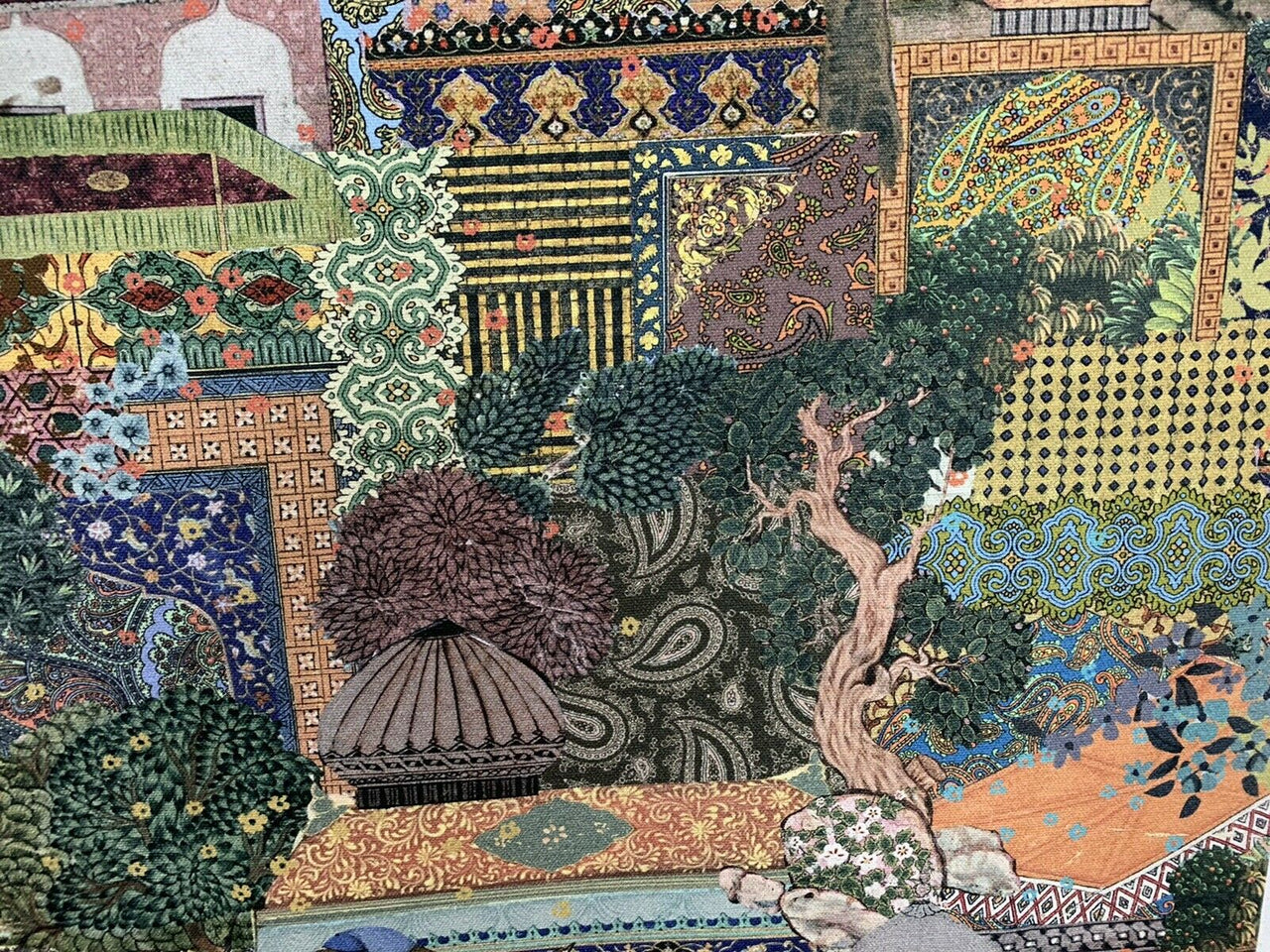 Botanical Garden Tiles Green Printed Cotton Fabric By Meter Oriental Japanese Motif Sewing Material Bonsai Tree Pattern Purple Print