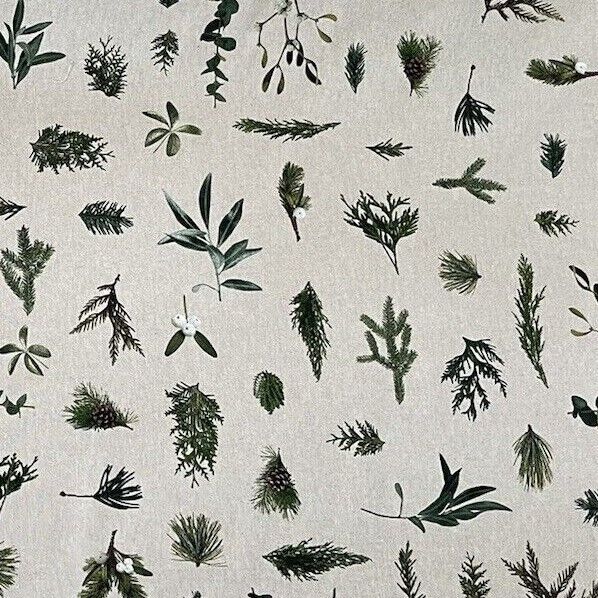 Mistletoe Cotton Fabric - Green Pine Tree Leaves Print, Christmas Sewing Material for Home Decor & Crafts