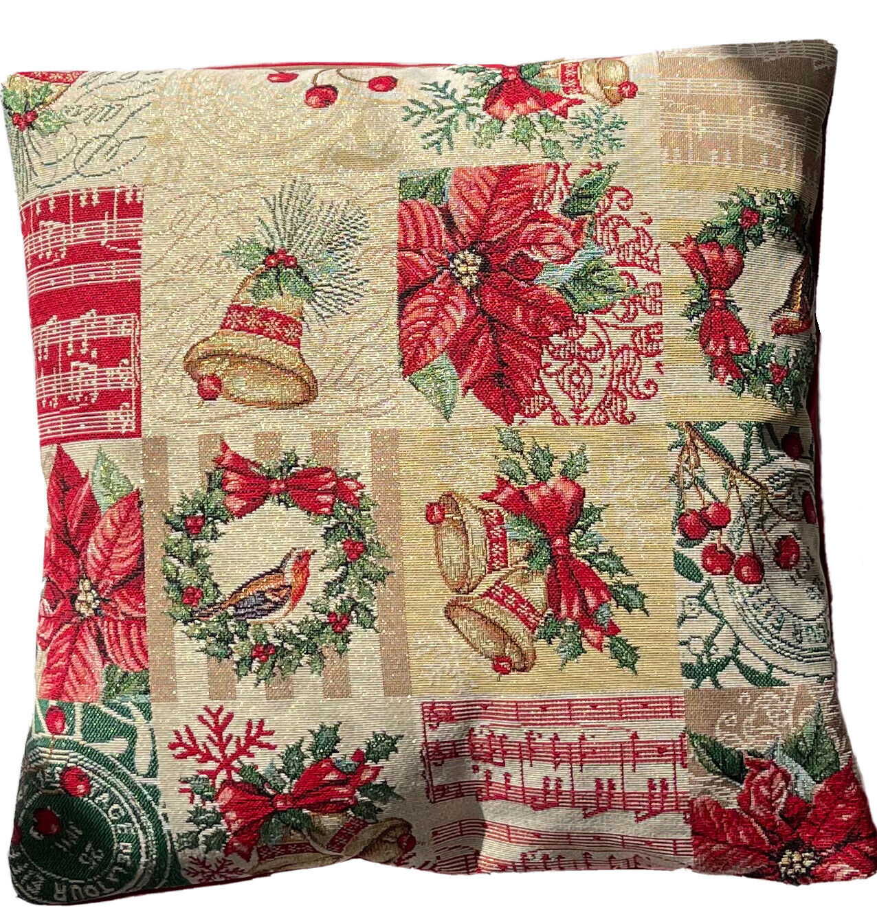 Xmas Bells Cushion Cover - Red, Gold & Green Bird Pillow with Tinsel Design for Christmas Sofa Decor