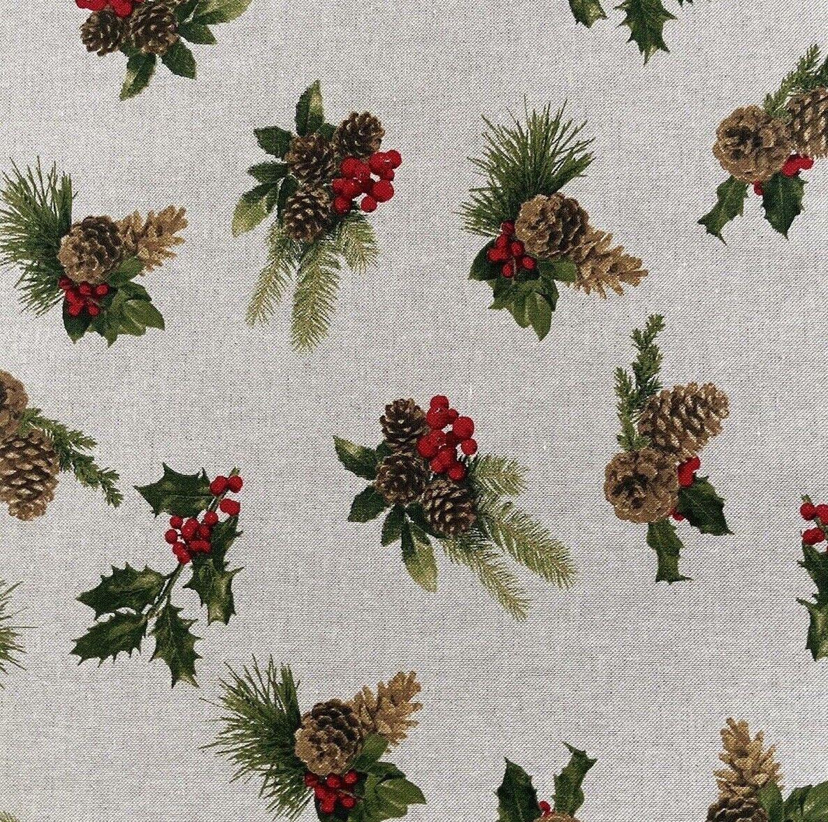 Pinecones Cotton Fabric - Festive Christmas Print, Red & Green Winter Holiday Material for Sewing & Crafts