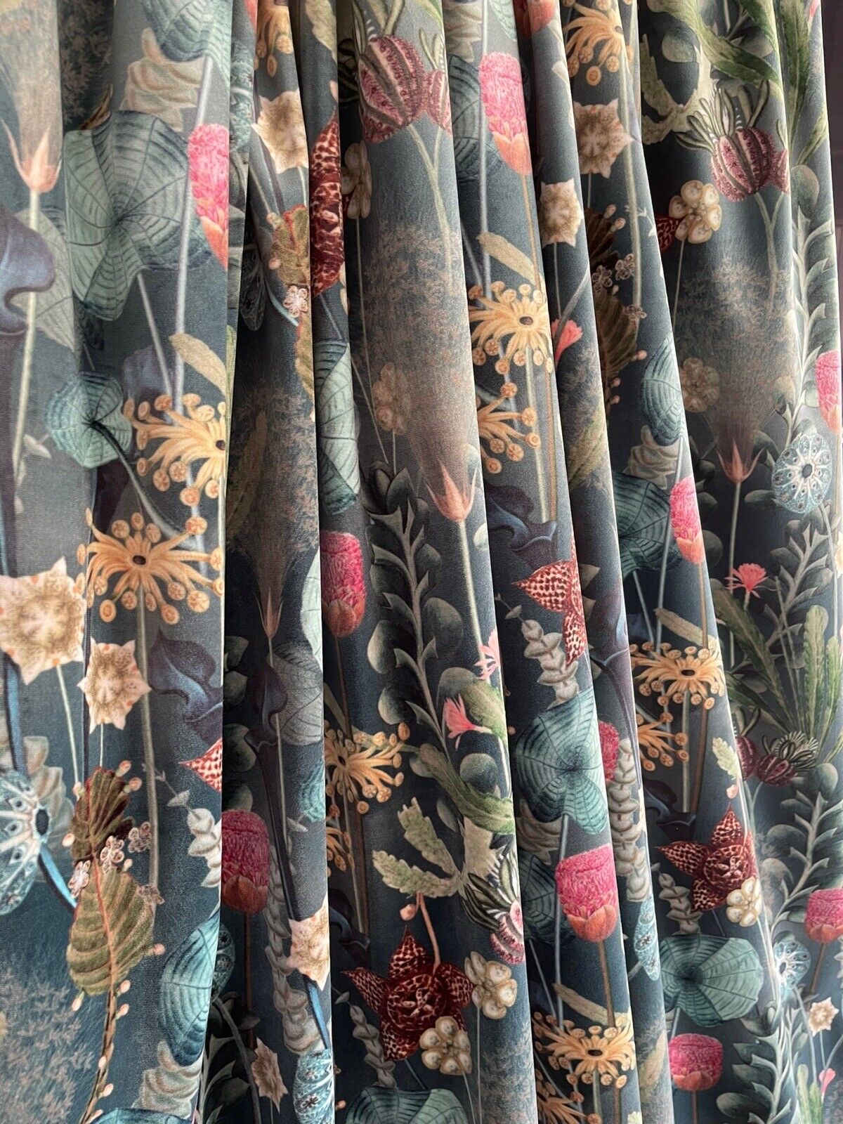 Herbarium Printed Velvet by Meter Botanical Sewing Material Floral Textile Plants Water Lilly Teal Green Yellow Colors