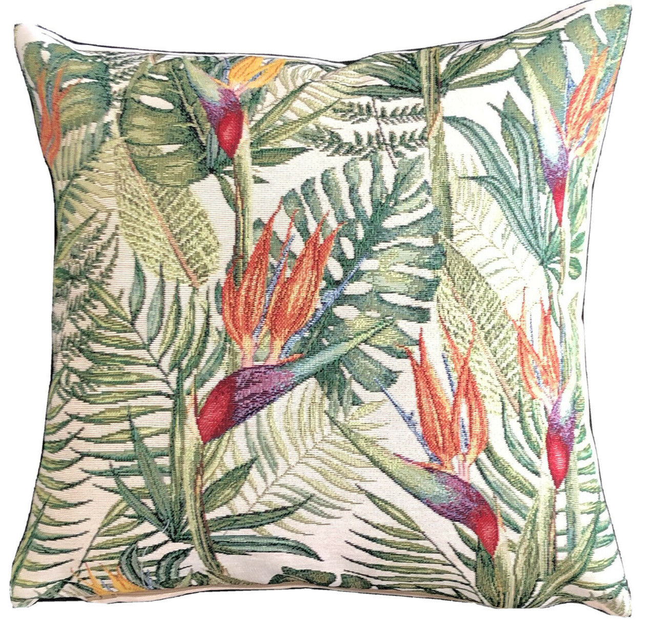 Birds Of Paradise Beige Woven Cushion Cover Tropical Orange Flower Green Plants