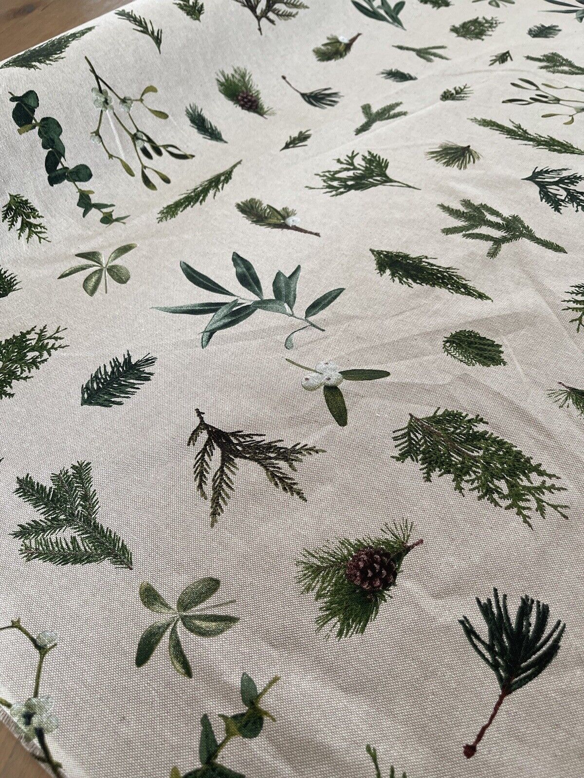 Mistletoe Cotton Fabric - Green Pine Tree Leaves Print, Christmas Sewing Material for Home Decor & Crafts