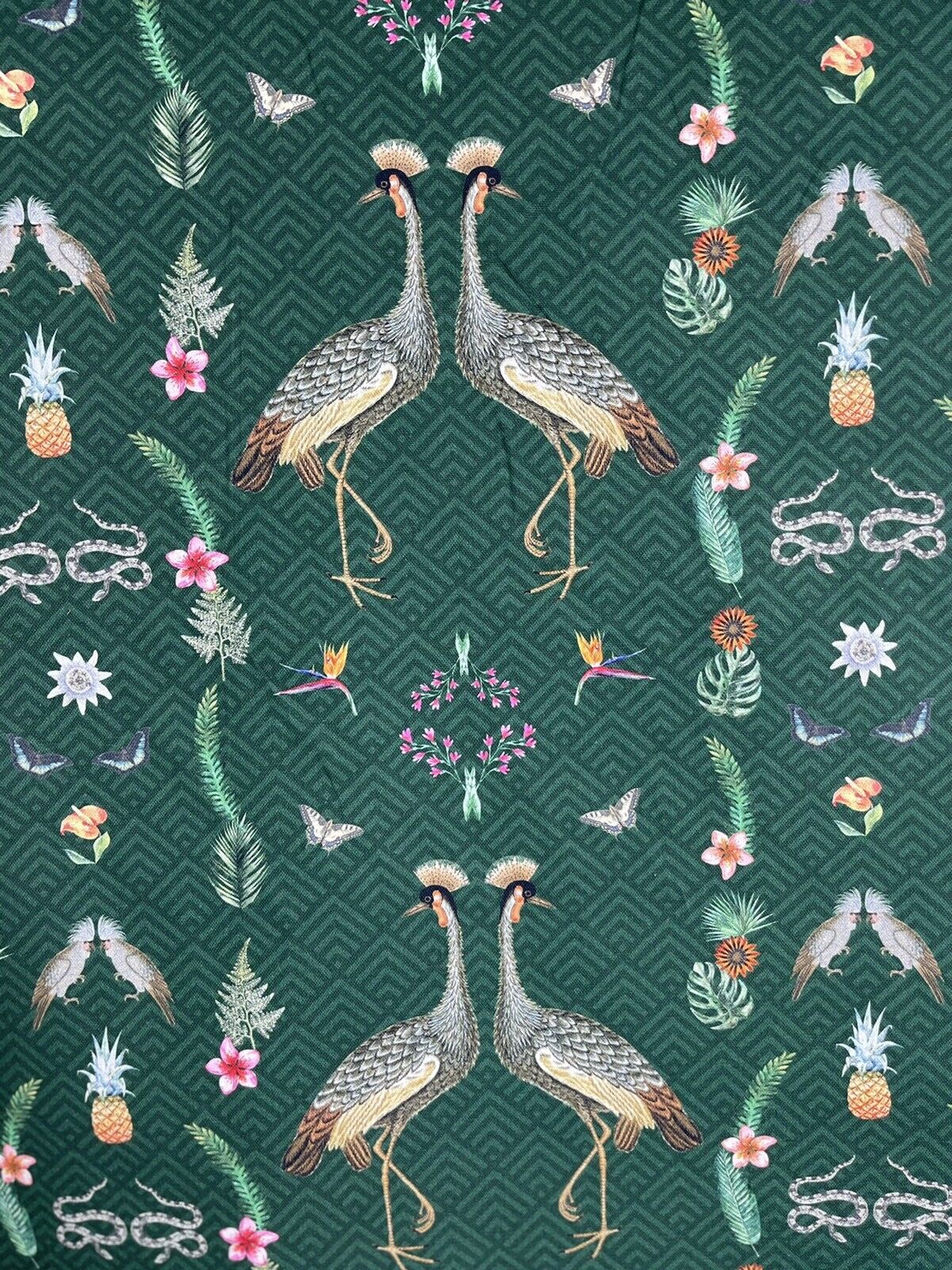 Crowned Crane Birds printed cotton fabric by the meter Animals Green Sewing Material Snakes Pineapple Tropical Textile for pillows curtains arts crafts