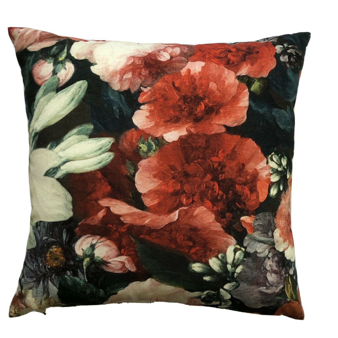 Masterpiece Museum Botanical Blue Cotton Cushion Cover Red Roses White Lily