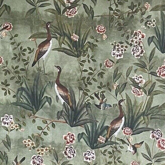 Goose Bird Garden Botanical Vintage Style Printed Green Cotton Fabric by Meter