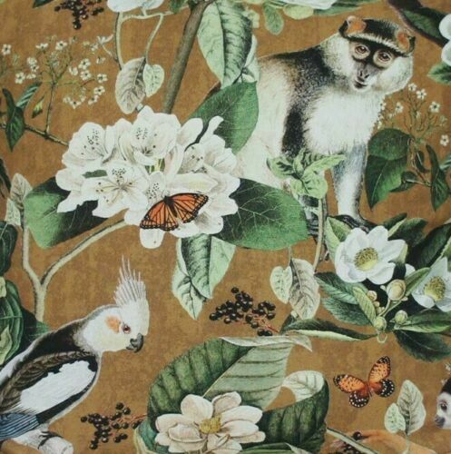 Tropical Fabric Cotton Khaki Green Lemur Birds Monkeys Butterflies by Meter