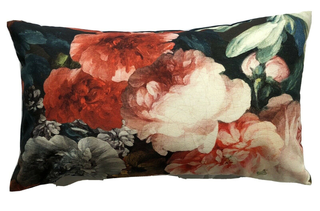 Masterpiece Museum Botanical Blue Cotton Cushion Cover Red Roses White Lily