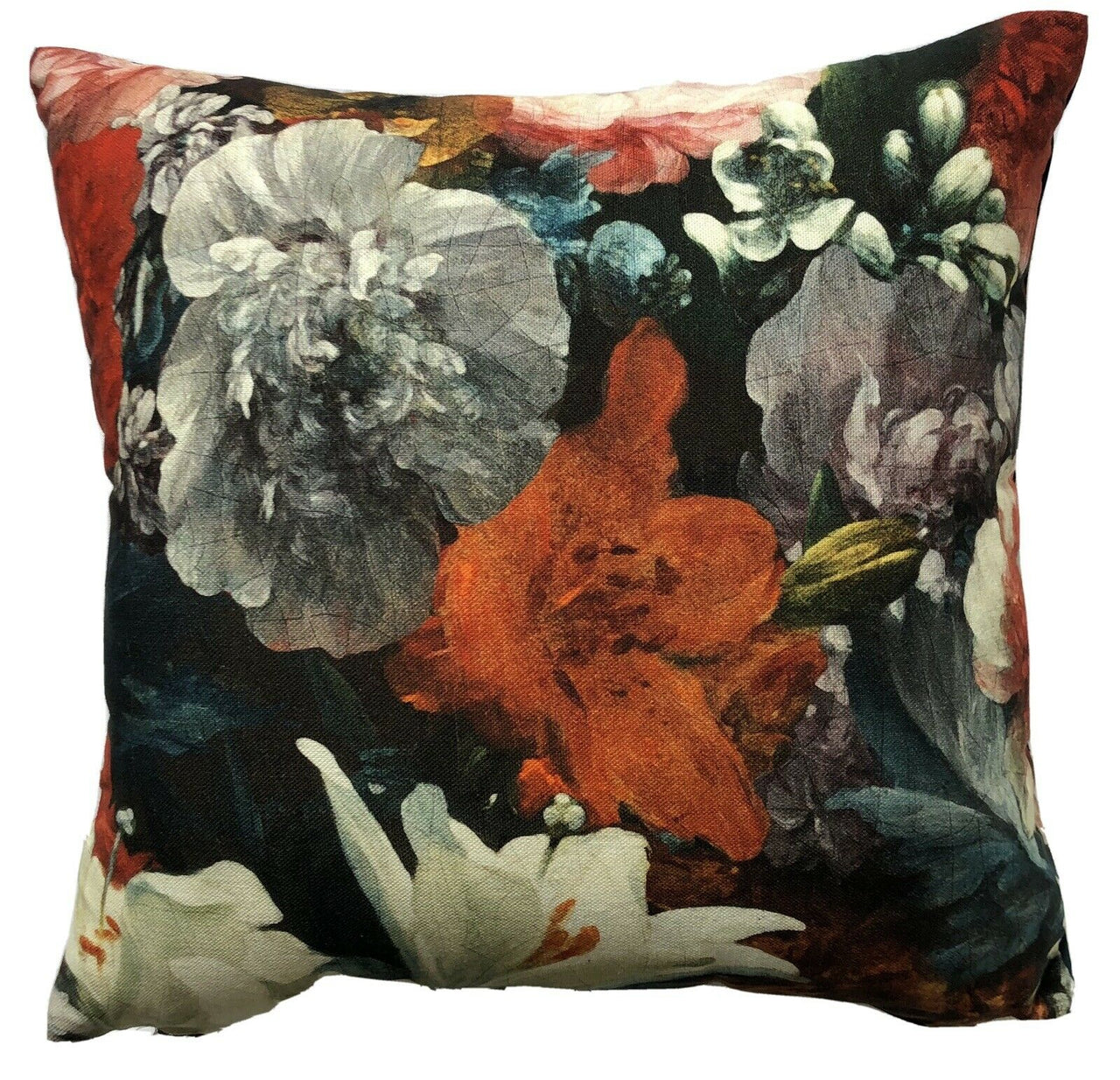 Masterpiece Museum Botanical Blue Cotton Cushion Cover Red Roses White Lily