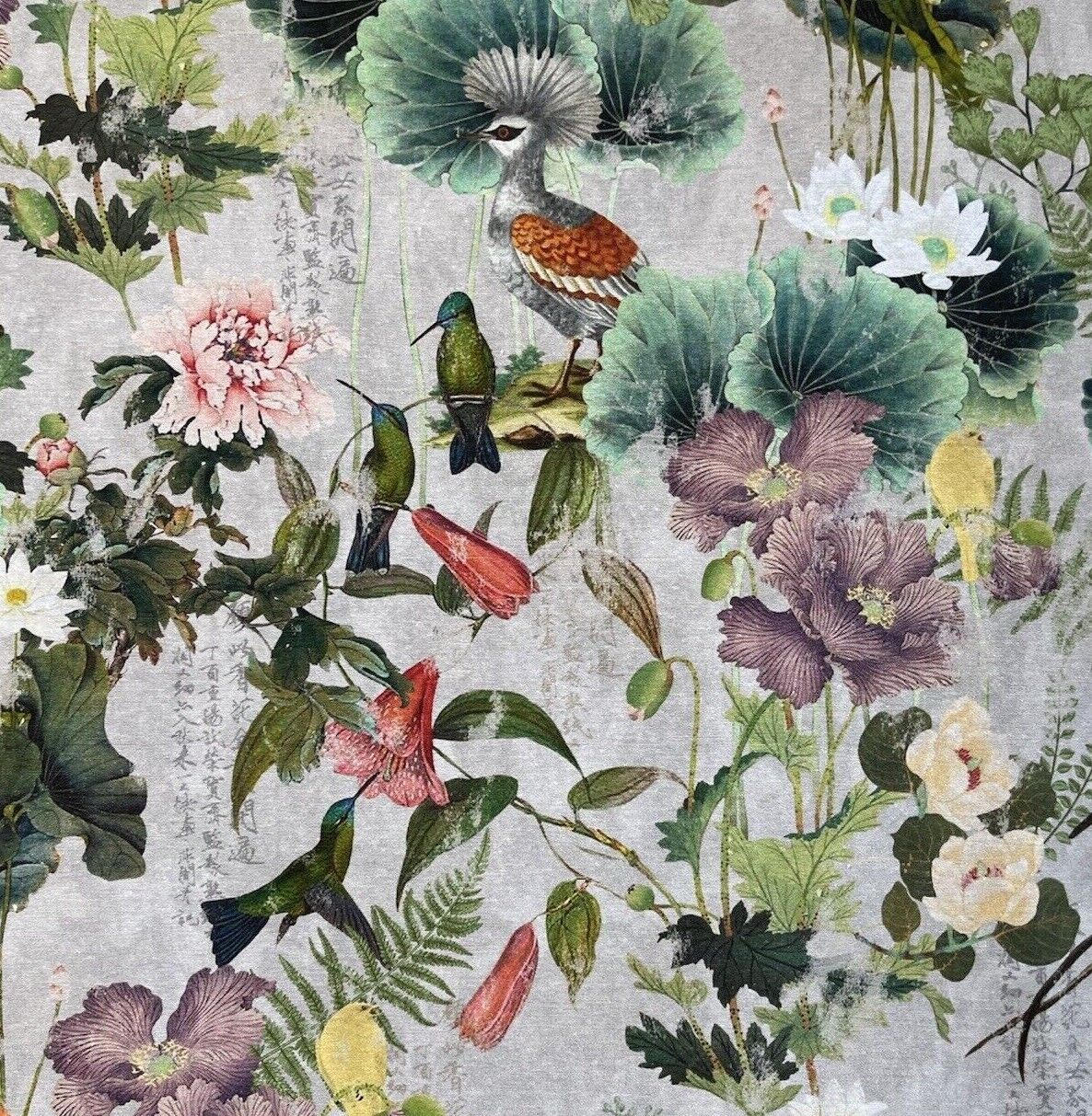 Hummingbirds Printed Cotton Fabric by Meter Paradise Birds Botanical Floral Sewing Material Vintage Grey Cottonn