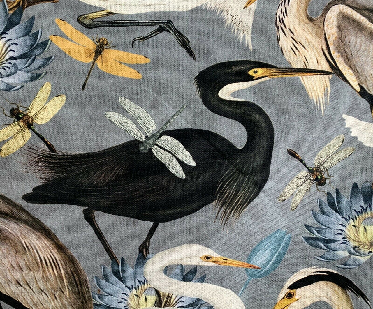 Herons Birds fabric By Meter Grey Cotton Sewing Material Romantic Lotus Floral Pattern Tulips Grey Blue Yellow Textile