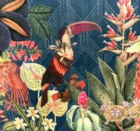 Thumbnail for Toucan Colibri Jungle Fabric By The Meters Blue Sewing Material Art Deco Botanical Velvet Textile
