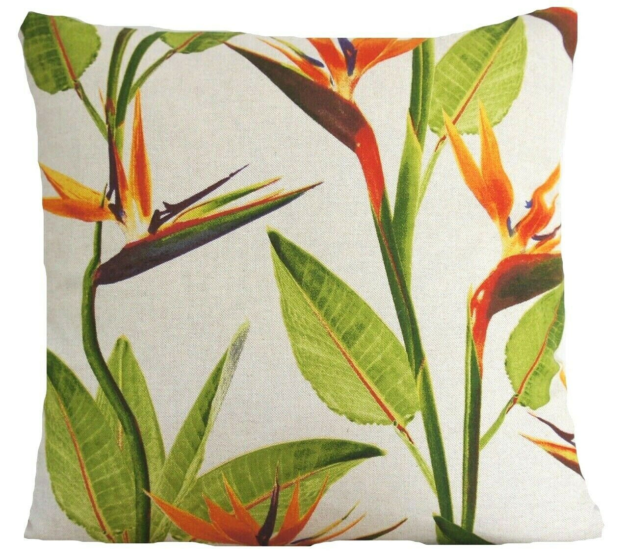 Birds of Paradise Cushion Cover Linen Floral Printed Fabric Orange Green 16"