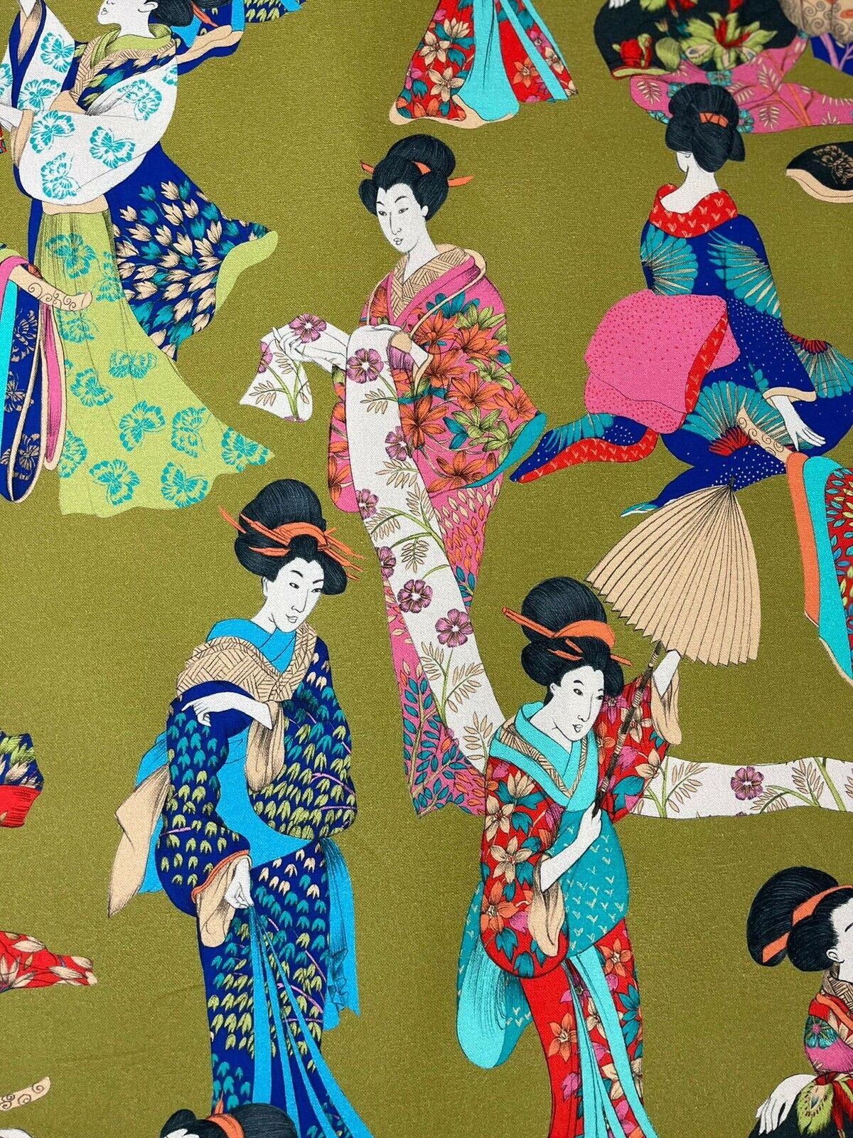Gold Geisha Printed Cotton Fabric by Meter Japanese Motif Lady Kimono Sewing Material Red Toile Chinoises Textile