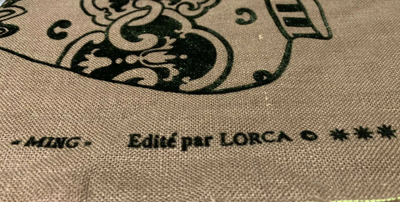 Porcelain Ming Brown Flock Printed Linen Fabric Lorca by Meter CLEARANCE SALE