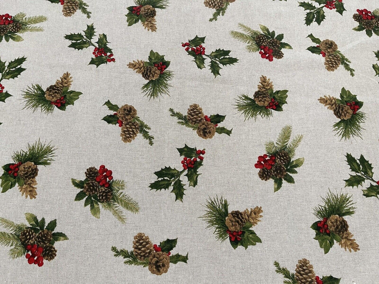 Pinecones Cotton Fabric - Festive Christmas Print, Red & Green Winter Holiday Material for Sewing & Crafts