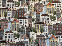 Thumbnail for Little Village Cotton Fabric by Meter Town Houses Street River Lamppost Windows