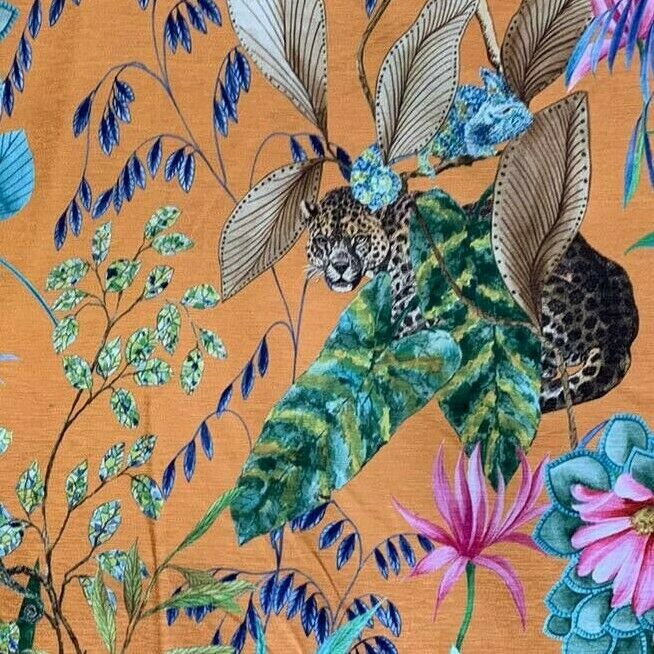 Orange Tonga Jungle Leopard Giraffe Botanic Flower Plants Animal Fabric by Meter