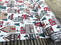 Thumbnail for Winter Village Cotton Printed Fabric by Meter Red House Xmas Snow Kids Playing