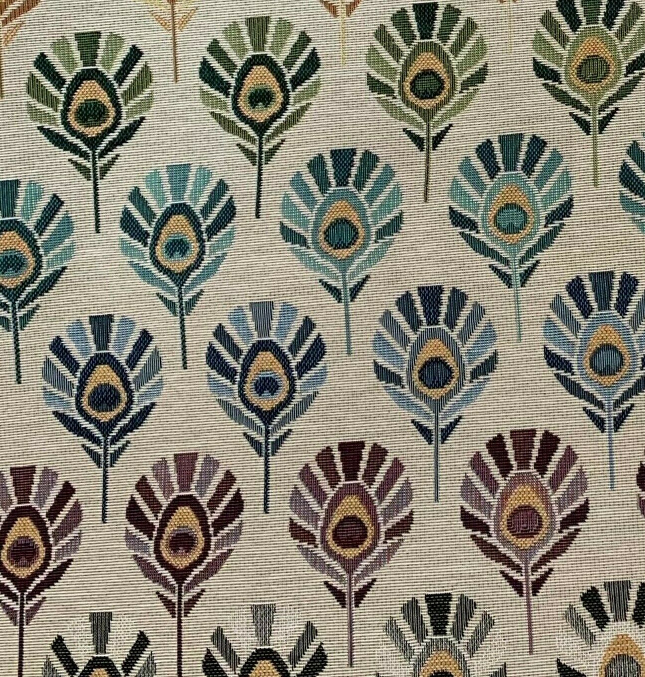 Peacock Feathers: Beige Geometric Upholstery Fabric by the Meter