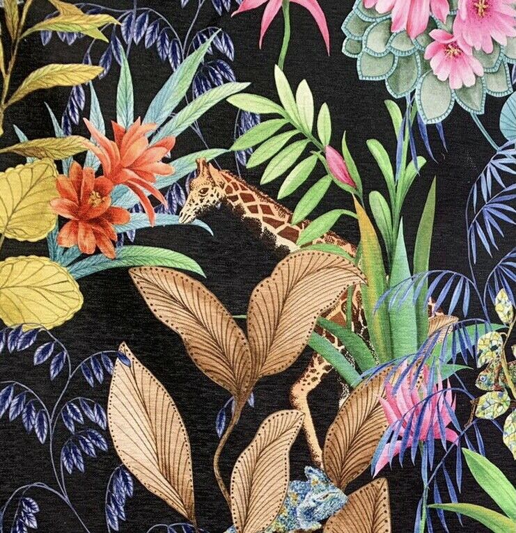 Tonga Jungle Black Fabric By The Meter Leopard Sewing Material Giraffe Botanic Floral Plants Animals pattern Textile