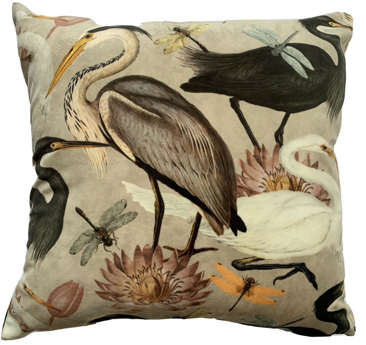 Herons Birds Cushion Cover Printed Italian Velvet Beige Black Lotus Dragonfly