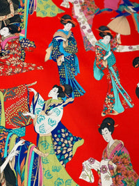 Thumbnail for Red Geisha Printed Cotton Fabric by Meter Japanese Lady Kimono Pink Blue Floral