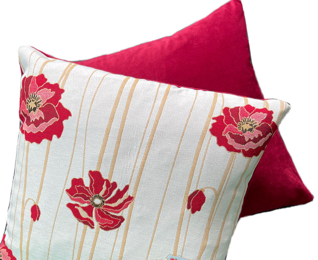 Red Poppy Cushion Cover Beige Woven Stripes Throw Pillow Botanica Pink Garden